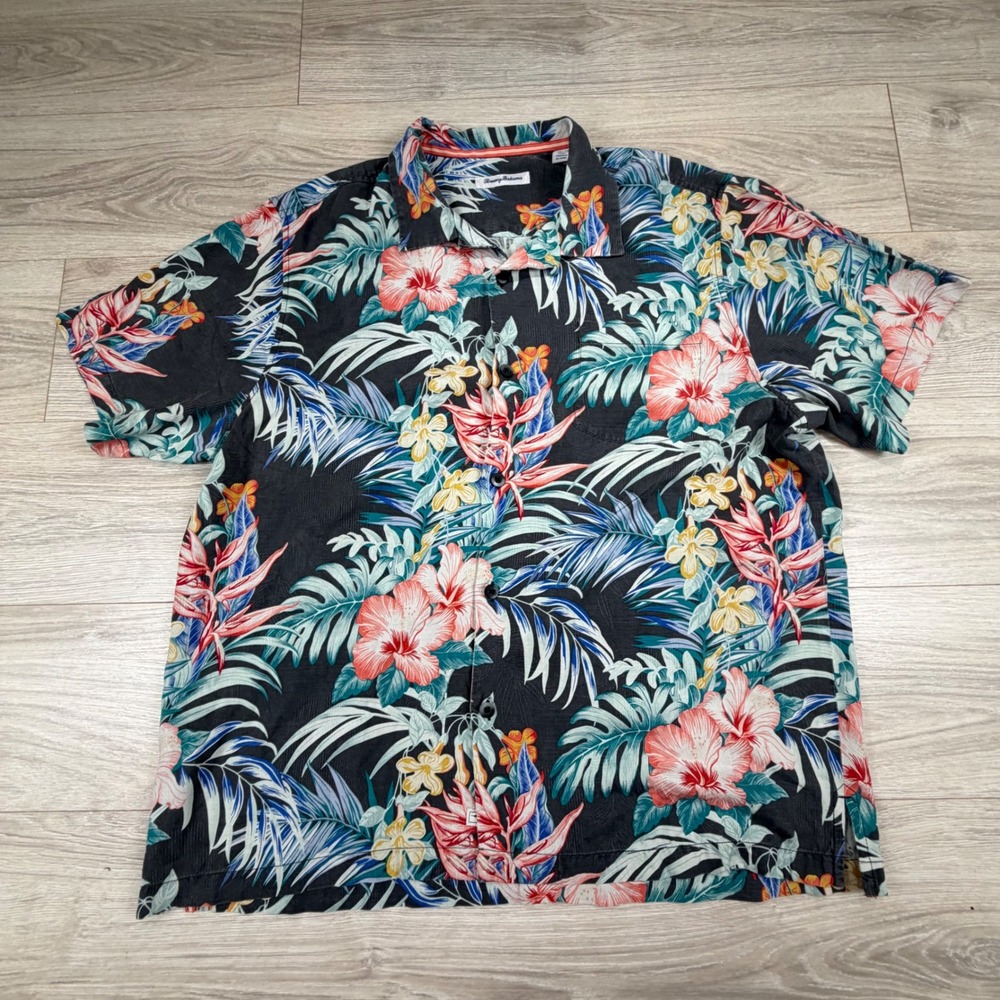 Tommy Bahama Mens XL Silk Tropical Floral Hibiscus Button Down Camp Shirt Black